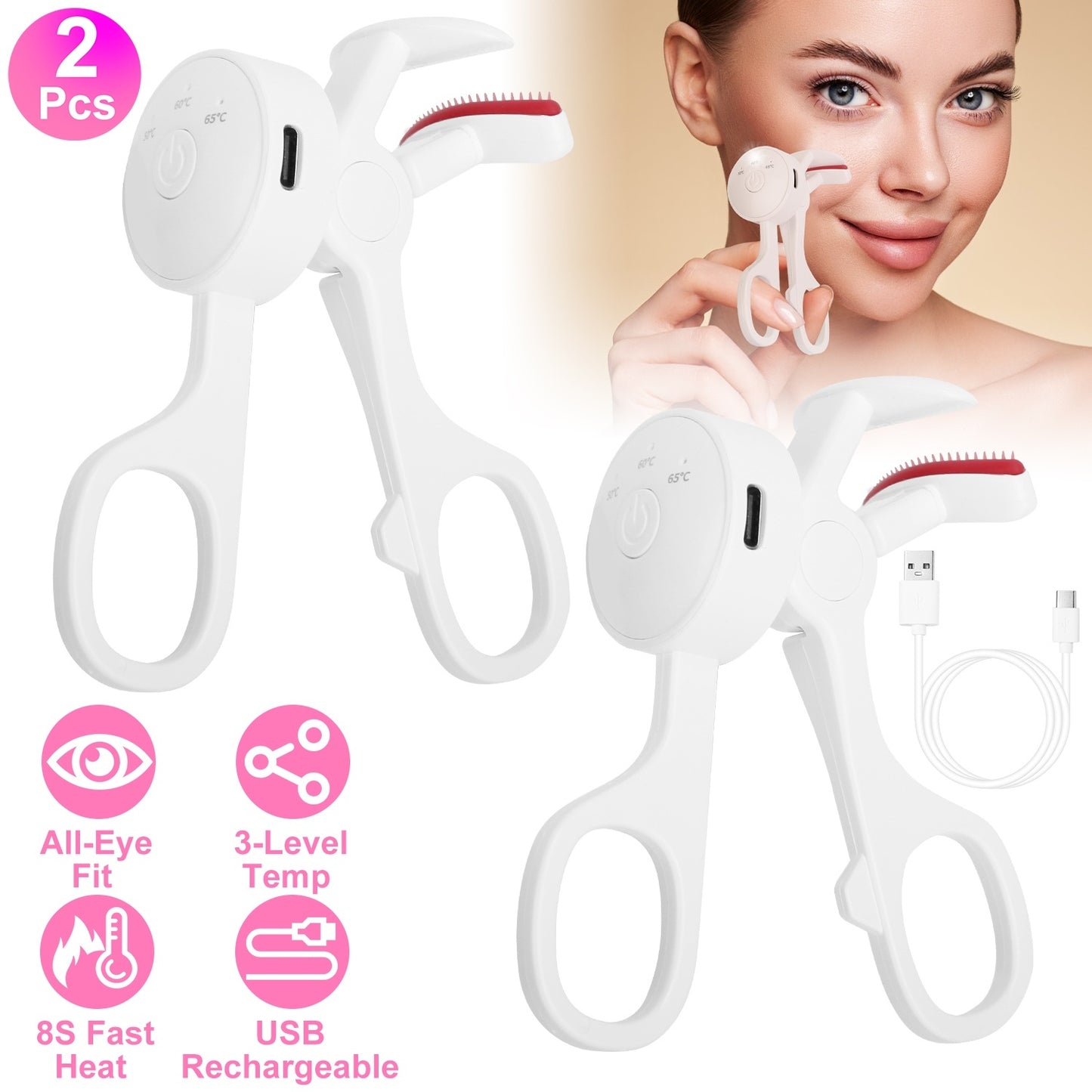 2Pcs Heated Eyelash Curler Electric USB Rechargeable Eyelash Curler Anti-Burn Compact With Comb Heats Up Fast Within 8 seconds For All Eye Shapes, For Women, Make Up, Gift, Travel, Valentine's, and Mother's Day